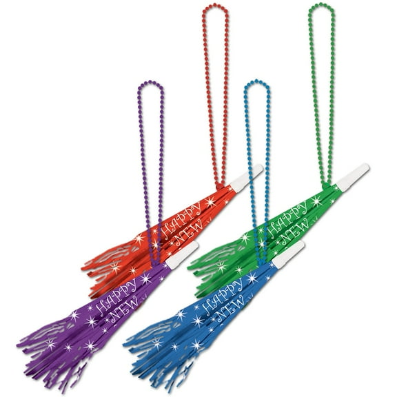 Beistle Club Pack of 12 Multi-Colored "Happy New Year" Trumpet Horn Beaded Necklace Party Favors 36"