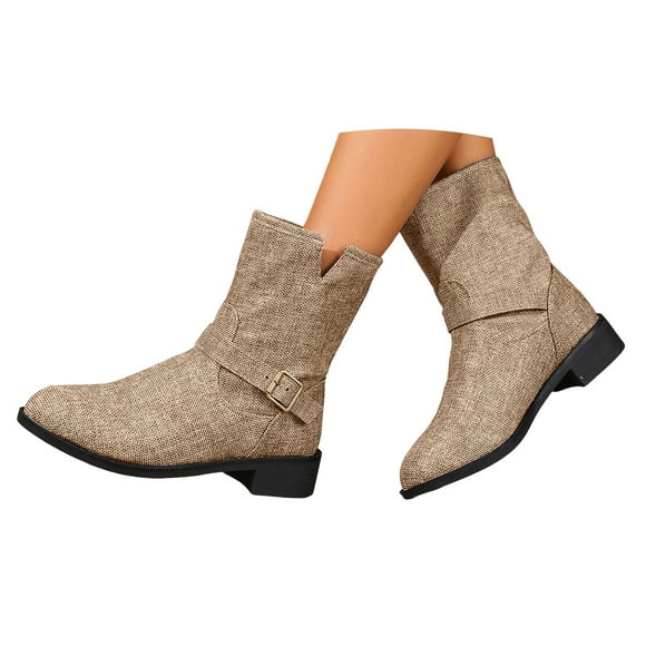 Mid Calf Boots for Women Cloth Round Toe Side Zip Fall and Winter Booties Pull On Wide Calf Boots Brown Blue