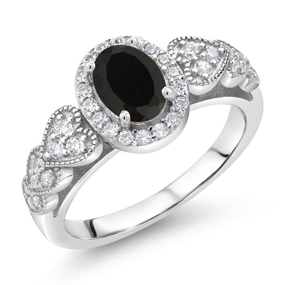 Gem Stone King 1.13 Cttw Black Onyx Engagement Ring for Women | 925 Sterling Silver | Oval 7X5MM | Gemstone Birthstone | Available in Size 5, 6, 7, 8, 9