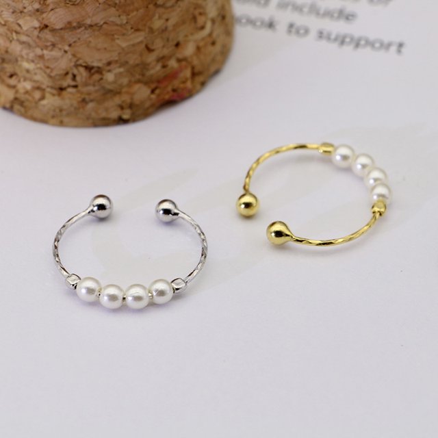 New S925 Sterling Silver Anxiety Ring Female Niche Design Pearl Retro Index Finger Open Silver Tail Ring