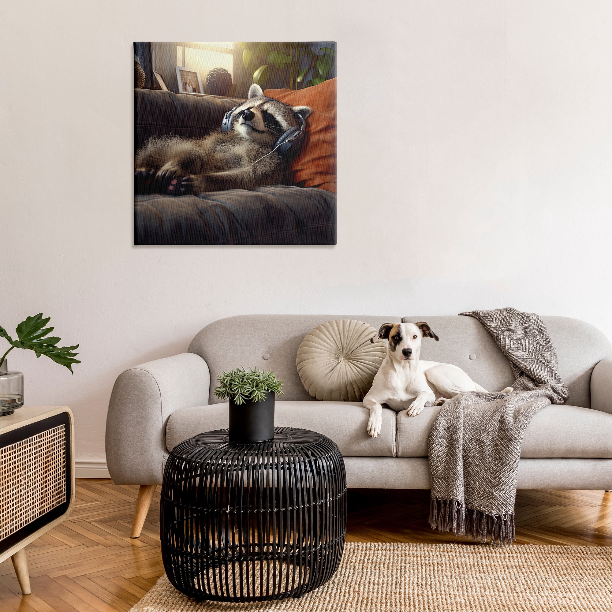 Stupell Industries Raccoon Relaxing Headphones Animals & Insects Painting Gallery Wrapped Canvas Art Print Wall Art, 36 x 36