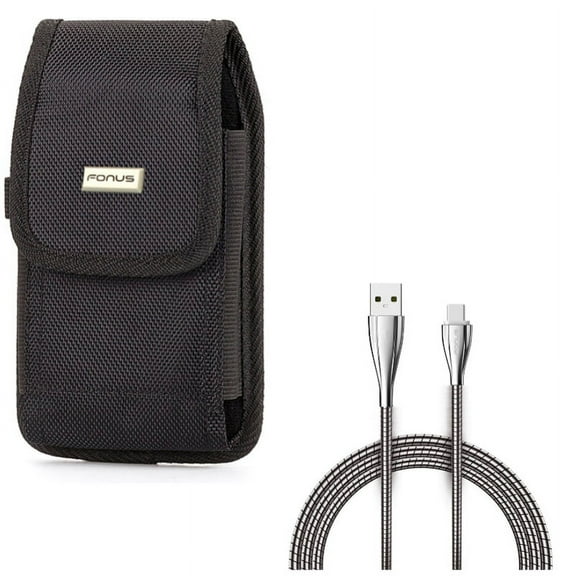 Rugged Canvas Carry Case Belt Holster w Metal Braided Type-C USB Cable Charging Power Sync Cord 6ft Long Wire D3R for Nokia 3.1 Plus - OnePlus 5T, 6, 6T, 7 Pro - Razer Phone 2