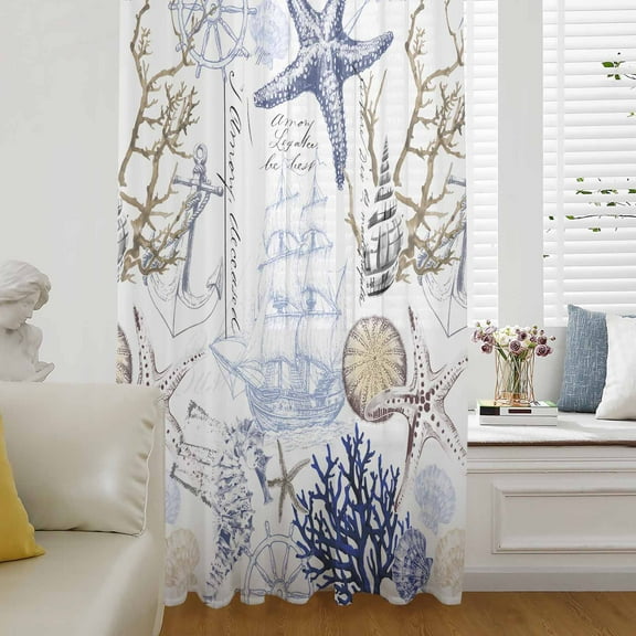 Blue Brown Coastal Semi Sheer Curtains Drapes for Living Room,Bedroom,French Doors Window 63 Inches Long,Summer Beach Nautical Coral Starfish Rod Pocket Chiffon Curtain Drapery Voile Draperies Panel