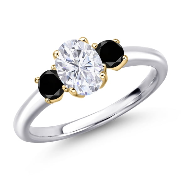Gem Stone King 10K Two Tone Gold White Moissanite and Black Diamond Engagement Ring for Women | 1.24 Cttw | Oval 7X5MM | Gemstone Birthstone | Size 9