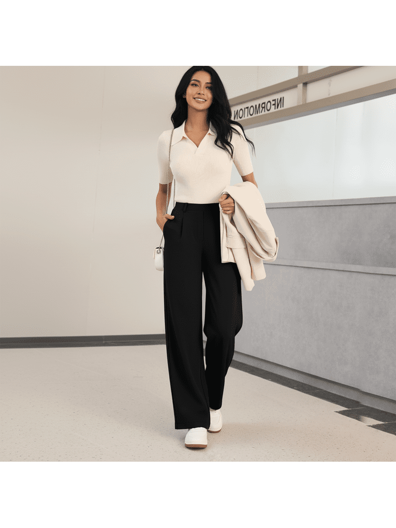 pull on high waisted dress pants SOMER Womens Dress Pants Wide Leg Pants Pull On Stretchy Work Pants High  Waisted Business Casual Trousers with Pockets Black