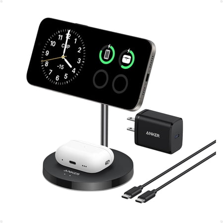 Anker MagSafe Compatible MagGo Charger Stand, 2-in-1 Wireless Charging Station, Qi2 Certified 15W Max Charging, Compatible for iPhone 17/16/15/14/13/12, AirPods Pro (Black, with 40W Adapter)
