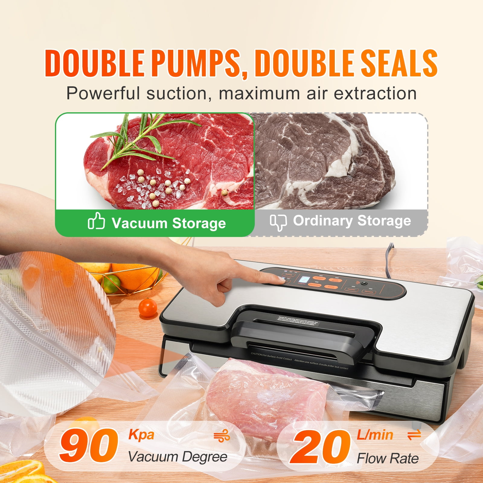 VEVOR Vacuum Sealer Machine Food Preservation Storage Saver 90Kpa w/ Seal Bag