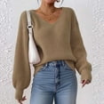 thumbnail image 4 of XPMWRP Women's Solid Color Long Sleeve Knit Pullover Ribbed Sweaters V Neck Oversized Loose Casual Cozy Soft Slouchy Sweater Tops Yellow L, 4 of 9