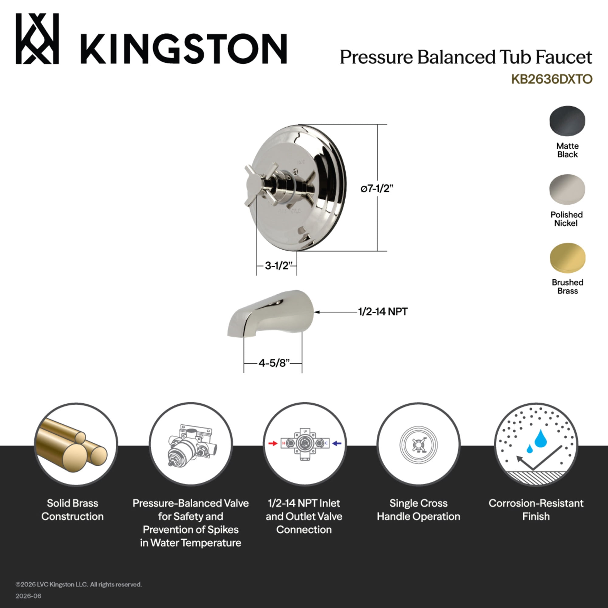 Kingston Brass KB2630DXTO Concord Single-Handle Pressure Balanced Tub Faucet in Matte Black