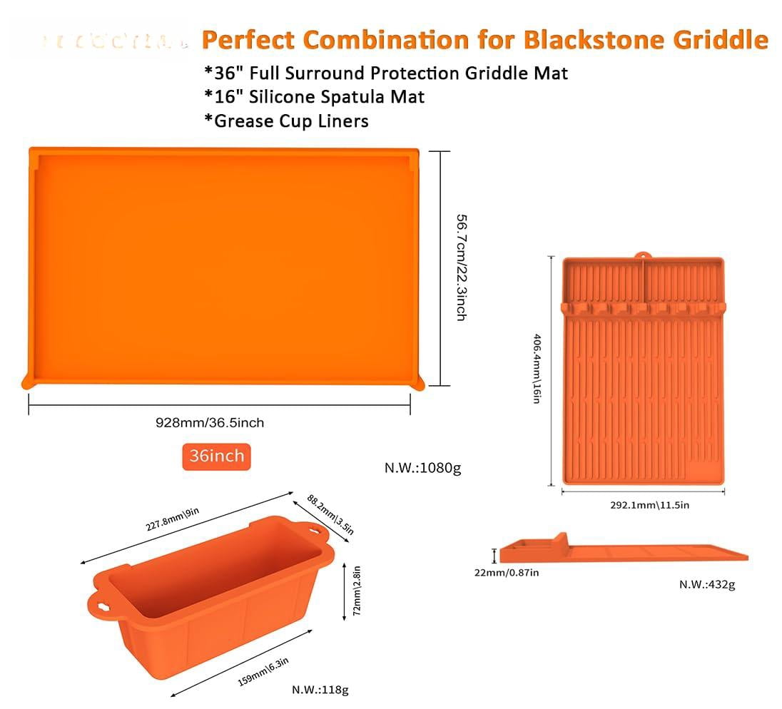 Full-edge 36" Silicone Griddle Cover  With 16" Spatula Mat And Grease Cup Liners Compatible Blackstone All-season Outdoor Protection Combination