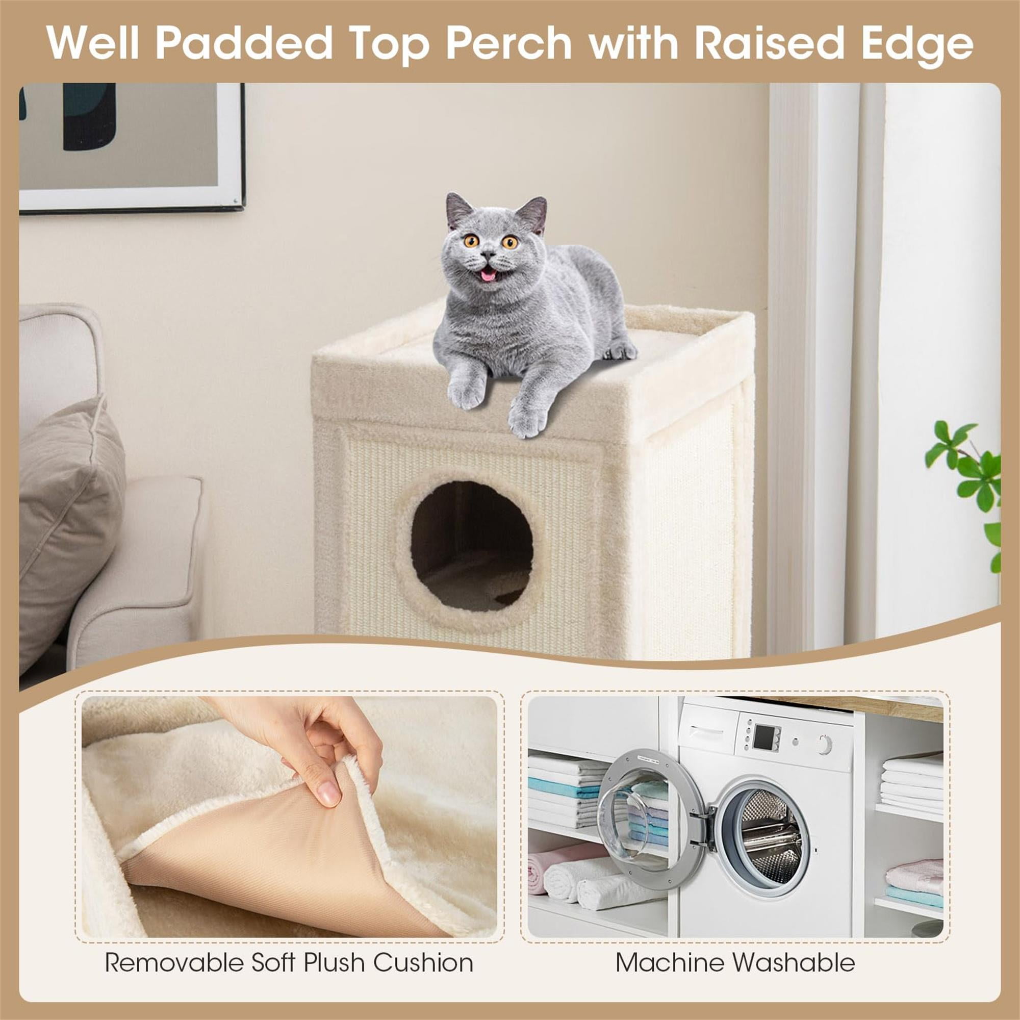 Kadyn 39" Indoor Cat Cave Bed, Cat House Scratcher Furniture, Cat Condo with Scratching Posts, 3 Hideaways, 4 Soft Plush Cushions, Beige