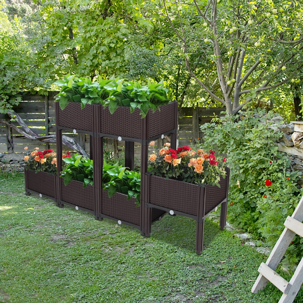 Kepooman 6 Pcs Modern Plastic Raised Garden Bed Planter with Brackets for Vegetables Grass Lawn Yard, Brown Kepooman 6 Pcs Modern Plastic Raised Garden Bed Planter with Brackets for Vegetables Grass Lawn Yard, Brown