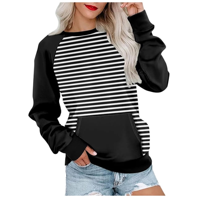 Wyzesi Chandails en Molleton pour Femmes Boutons Mode Décontractée Rayé Couleur Unie Imprimé avec Poche Col Rond Manches Longues Sweat à Capuche Noir Chandails en Molleton Femmes Ouvert devant