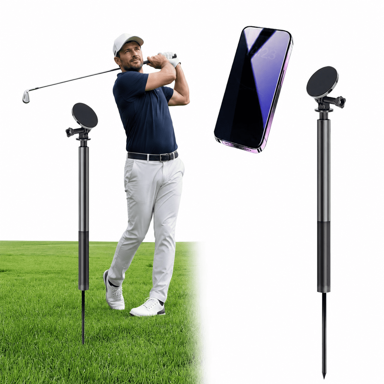 Monopod Selfie Stick with Ground Spike Stake, Swing Analyzer Phone Holder for Training Aid, 11.61-47.63in Adjustable Tripod for Recording Swings