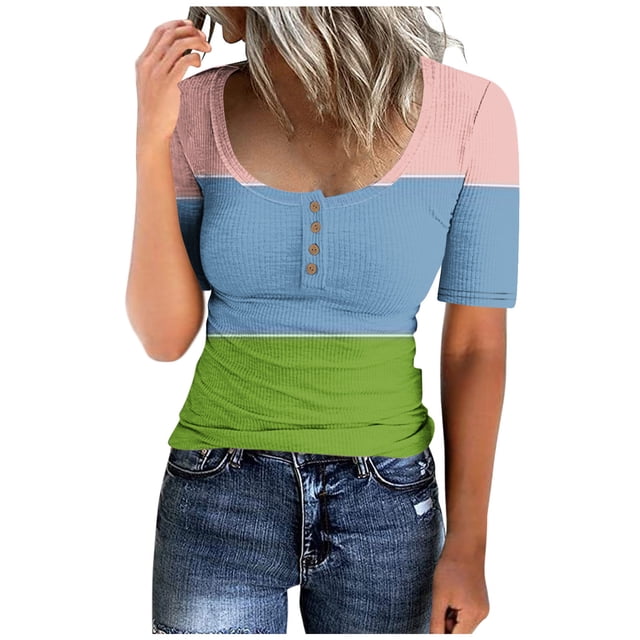 Birdeem T-Shirt à Col Rond Boutonné pour Femmes Haut à Manches Courtes Ample