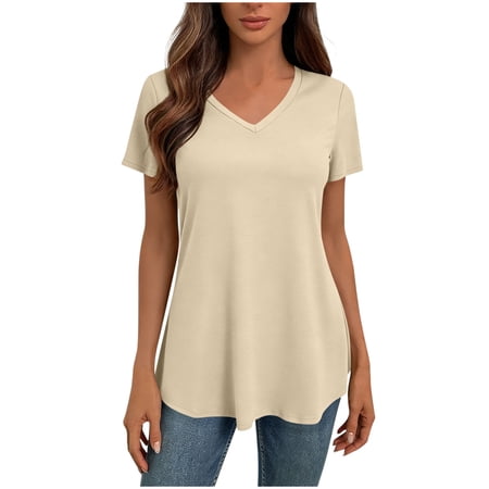 Posijego Womens Short Sleeve Tops Casual V Neck Slim Basic T Shirt Summer T-Shirts Solid Color Cute Pullover Tees for Women