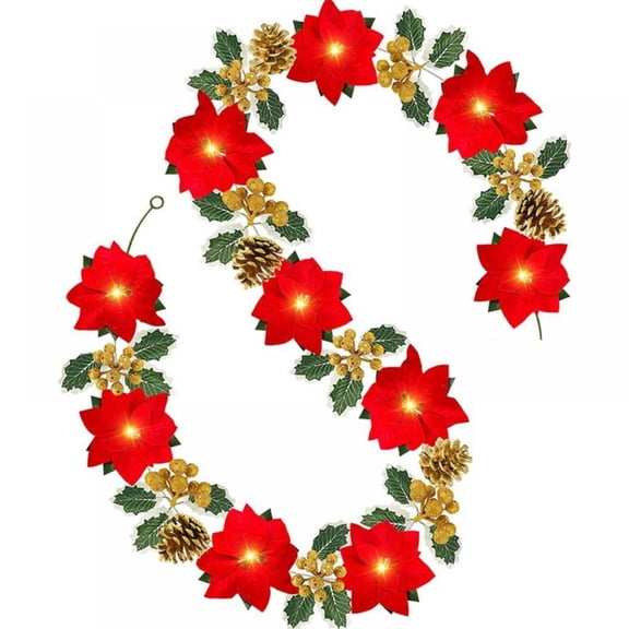 Poinsettia Garland, 6.5 Ft 10Led Christmas Garland with Lights Battery Operated, Holly Berry Garland, Door Table Garland Christmas Decorations, Light up Xmas Garland for Fireplace Mantel