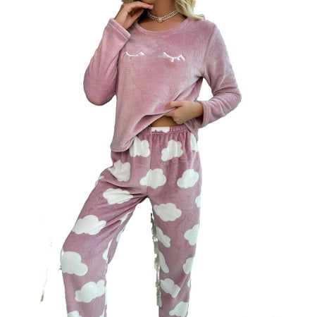 

2pcs Set Cute Graphic Print Round Neck PJ Pant Sets Long Sleeve Mauve Purple Women s Pajama Sets (Women s)