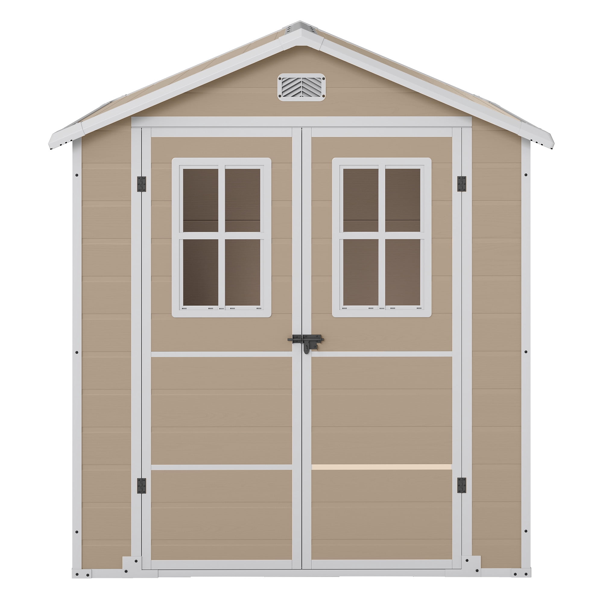 Uforic 6x4.4 FT Double-Wall Resin Outdoor Storage Shed, Plastic Garden Tool Shed with 2 Windows & Lockable Door, Waterproof Storage House for Lawn Mower, Backyard Patio Lawn, Greige & White