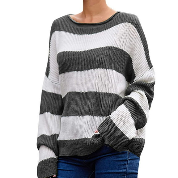 IROINNID Reduced Womens Sweater Round Neckline Pullover Sweater Stripes Loose Mid-Length Long Sleeve Matching Tops Blouse Knitted Sweater