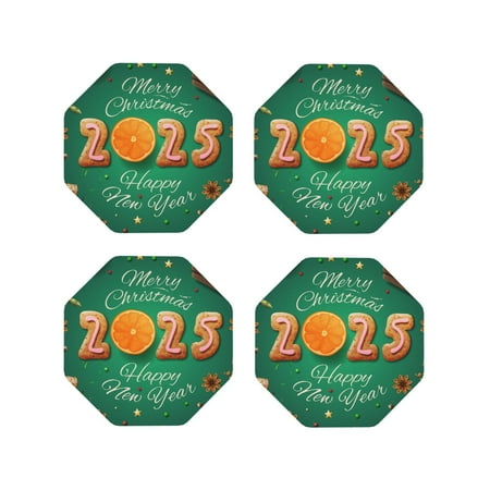 

Vsdgher Merry Christmas 2025 Leather Coasters for Drinks Durable Drink Coasters 4 Set for Tabletop Protection Luxurious Home Décor and Housewarming Gift-Octagon