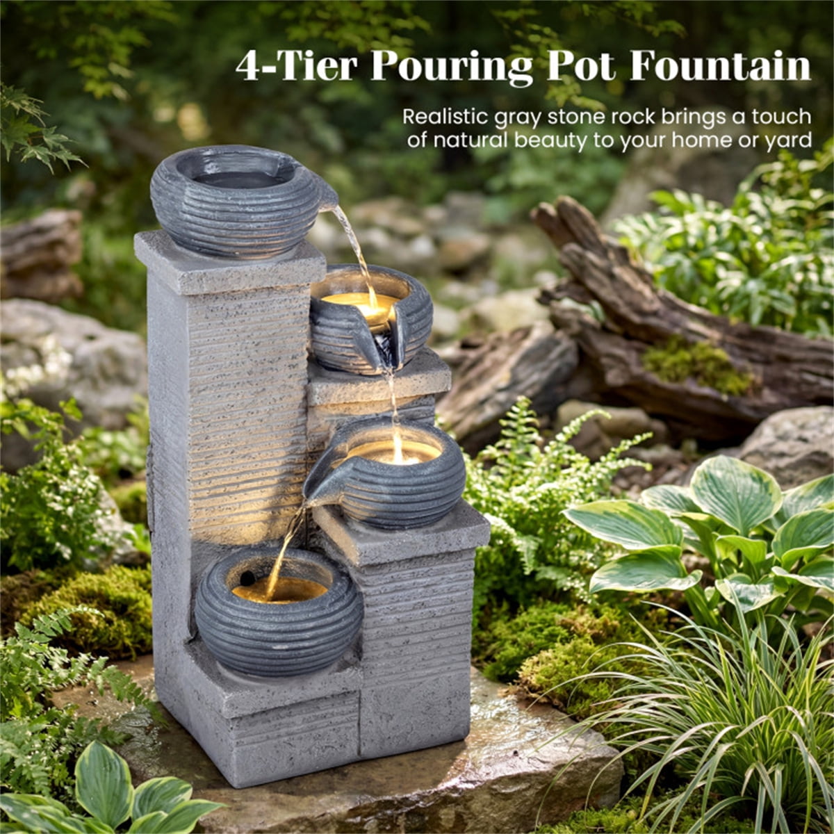 TENGDA Gray 4 Tier Cascading Resin Water Fountain Indoor Outdoor Decor With Warm LED Lights