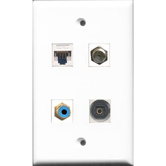 RiteAV - 1 Port RCA Blue and 1 Port Coax Cable TV- F-Type and 1 Port Toslink and 1 Port Cat5e Ethernet White Wall Plate