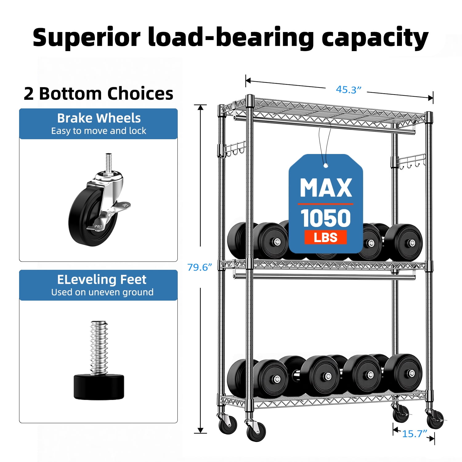 Heavy Duty Rolling Garment Rack, 3 Tiers Adjustable Wire Shelving Clothes Rack with 2 Rods and Side Hooks, Storage Closet Clothing Rack with Wheels Chrome 15.7" D x 45.3" W x 79.6" H