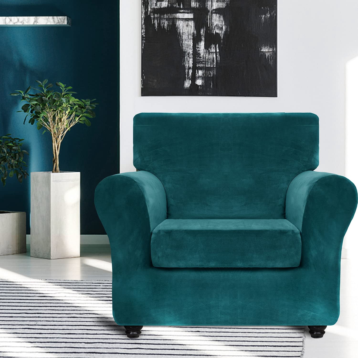 JIATER 2-Piece Armchair Sofa Cover Stretch Couch Cover Velvet Sofa Slipcover Furniture Protector with 1 Cushion Cover,Dark Green