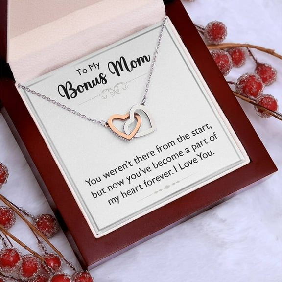 To my bonus Mom, Meaningful Message Card Love Knot Necklace for Birthday, Mother's Day, Christmas - Jewelry Gift box,