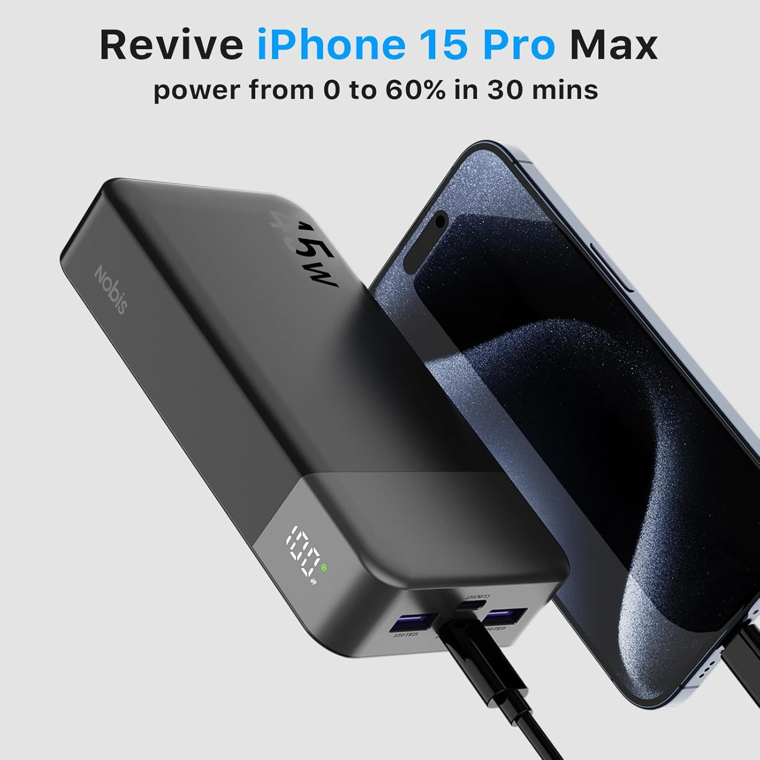 Portable Charger, 20000mAh Power Bank, 45W Power Bank Fast Charging, Battery Pack with C to C Cable, Battery Bank with Digital Display for iPhone Android Laptop etc(Black)