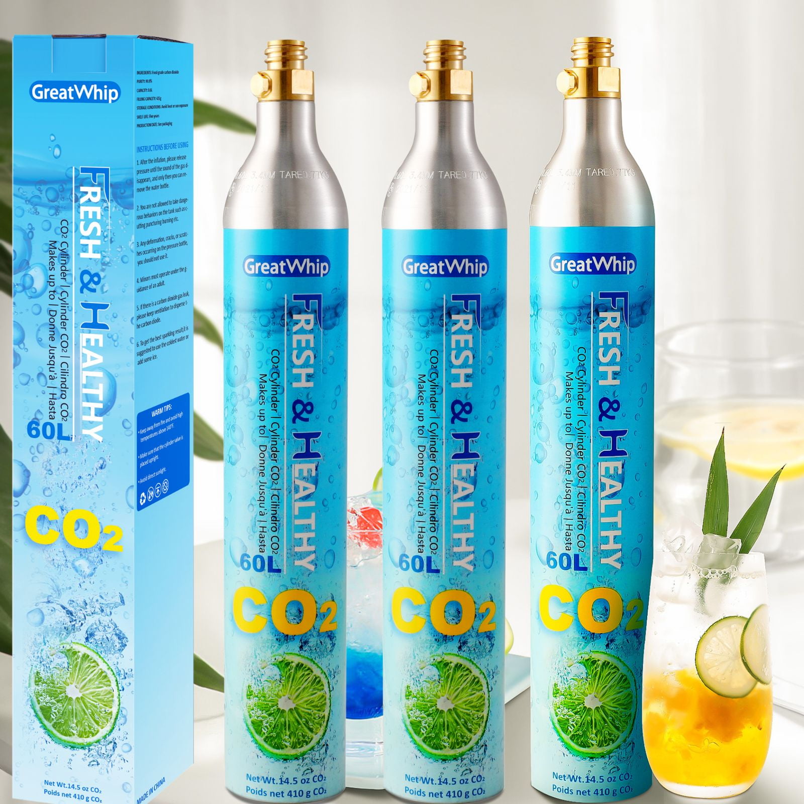 GreatWhip 60l CO2 Cylinders Soda Stream Cartridges 14.5 oz Sparkling