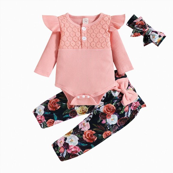 WUANDIXFA Toddler Girl Fall Outfits 0 3 6 12 18 Months Newborn Infant Baby Girl Clothes Outfits Ruffle Romper Floral Pants Sets Toddler Girls Clothing Set,Pink,12-18 Months
