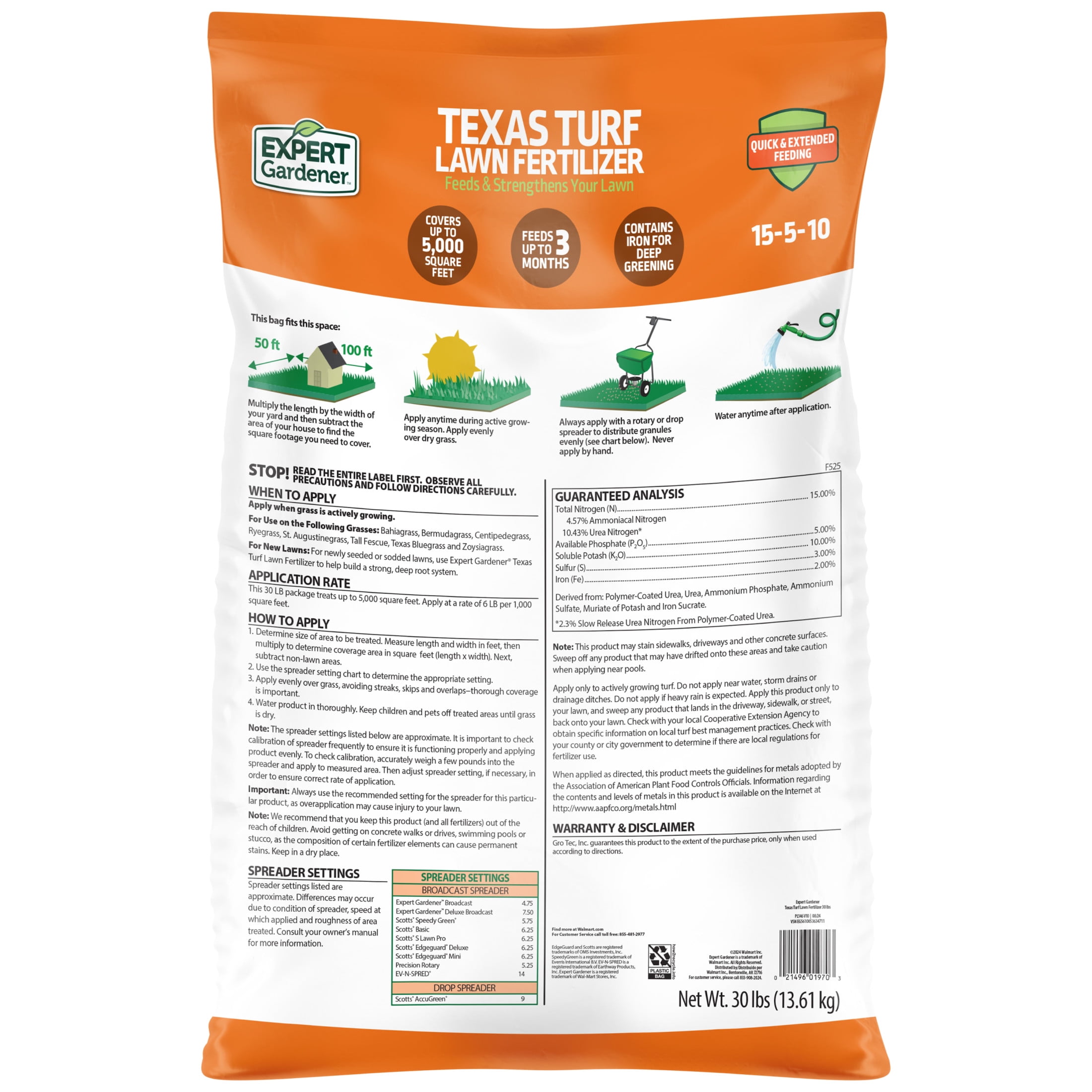 Expert Gardener Texas Turf Lawn Food Plus 2% Iron Fertilizer 15-5-10, 30.2 lb. - Covers 5,000 Sq. ft