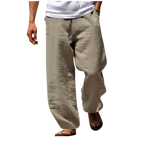 LNWUY Mens Casual Linen Pants Loose Fit Elastic Drawstring Waist Straight Leg Hippie Trousers Solid Summer Yoga Beach Long Pants Beige XXXL