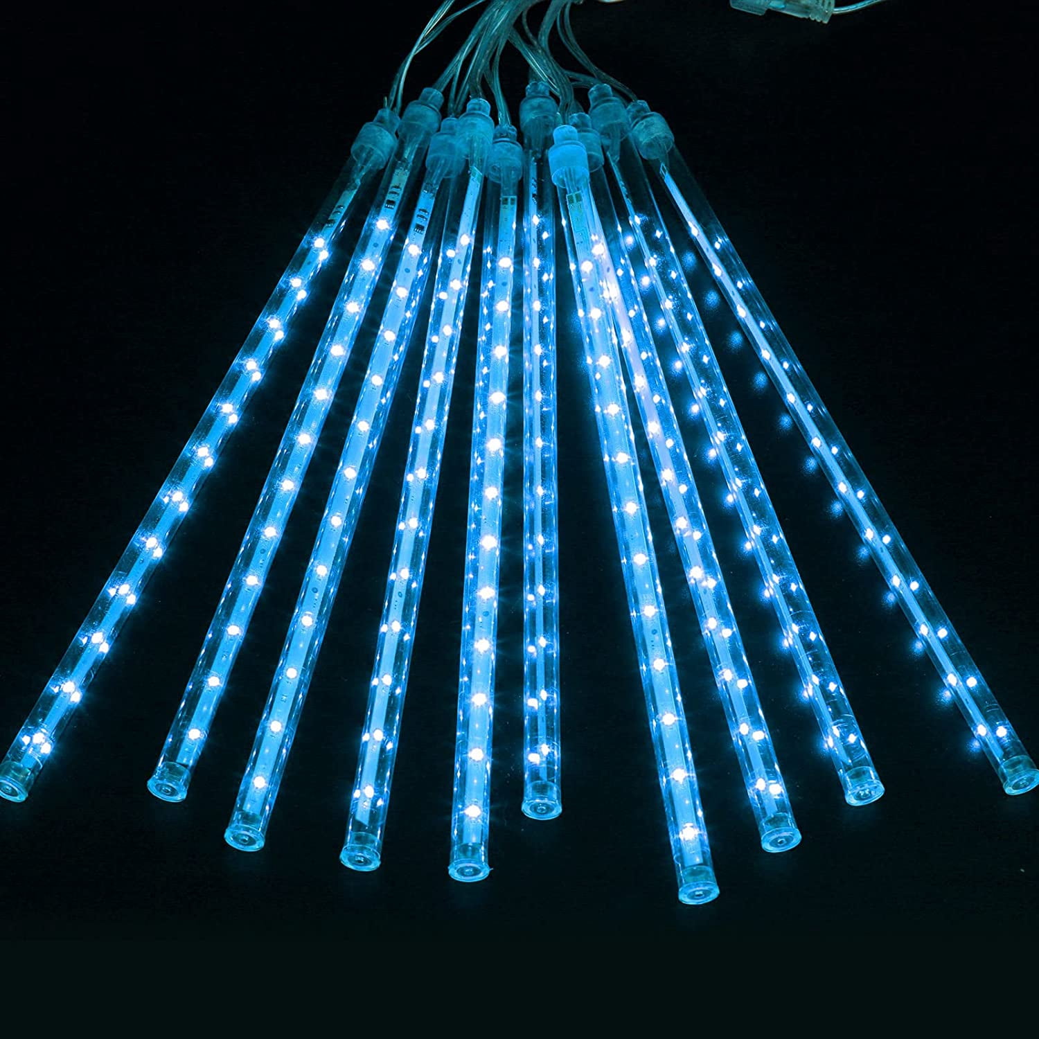 Solar Powered Christmas Meteor Shower Lights, 10 Tube 240 LED Icicle Fairy String Lights, Blue