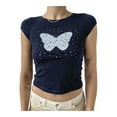 thumbnail image 3 of VISgogo Camiseta informal para mujer, manga corta, estampado de lunares de mariposa, cuello redondo, ropa de calle de ocio, camiseta de verano VISgogo  moda, 3 of 6