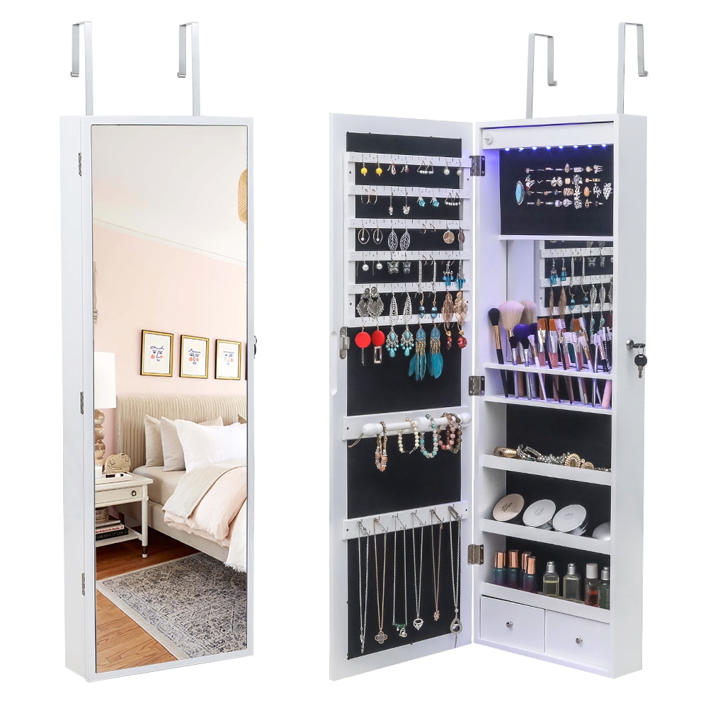 Kepooman Full Mirror Wooden Wall Mounted 3-Layer Shelf 17 Cosmetic Brush Holders With Inner Mirror 8 Blue LED Light Mirror Cabinets - White Kepooman Full Mirror Wooden Wall Mounted 3-Layer Shelf 17 Cosmetic Brush Holders With Inner Mirror 8 Blue LED Light Mirror Cabinets - White