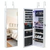 JIRTEMOT Wood Door Wall Mount LED Light Mirrored Jewelry Cabinet Storage Lockable, White