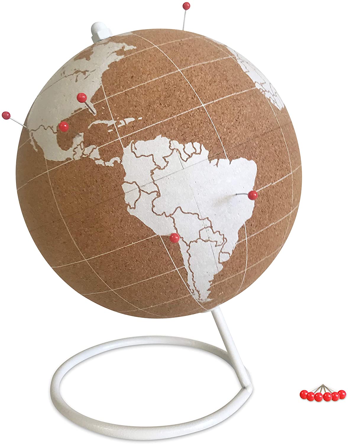 Globe Trekkers Mini White Cork Globe with 50 Red Colored Push Pins & Durable Steel Base