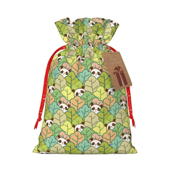 Naloa Cartoon Panda And Leaf Drawstring Christmas Bags, 3D Xmas Gift Bags, Christmas Wrapping Bags, Xmas Goodie Bags, Treat Pouch Bags, Party Favor Bags-Small