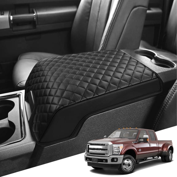 KBH Center Console Cover for 2011-2016 Ford F250 Super Duty, Black Leather Armrest Lid Cushion Pad for F350 F450 F550 Accessories
