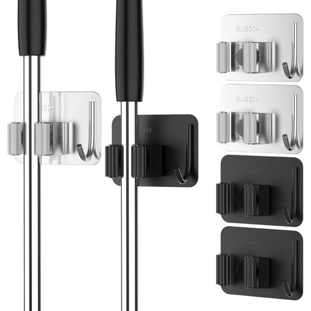 4 piezas Colgador de escoba de pared Negro * 2 + Plata * 2, Soporte de trapeador de acero inoxidable autoadhesivo con ganchos, Montaje en pared para cocina, jardín, baño, garaje, balcón, oficina