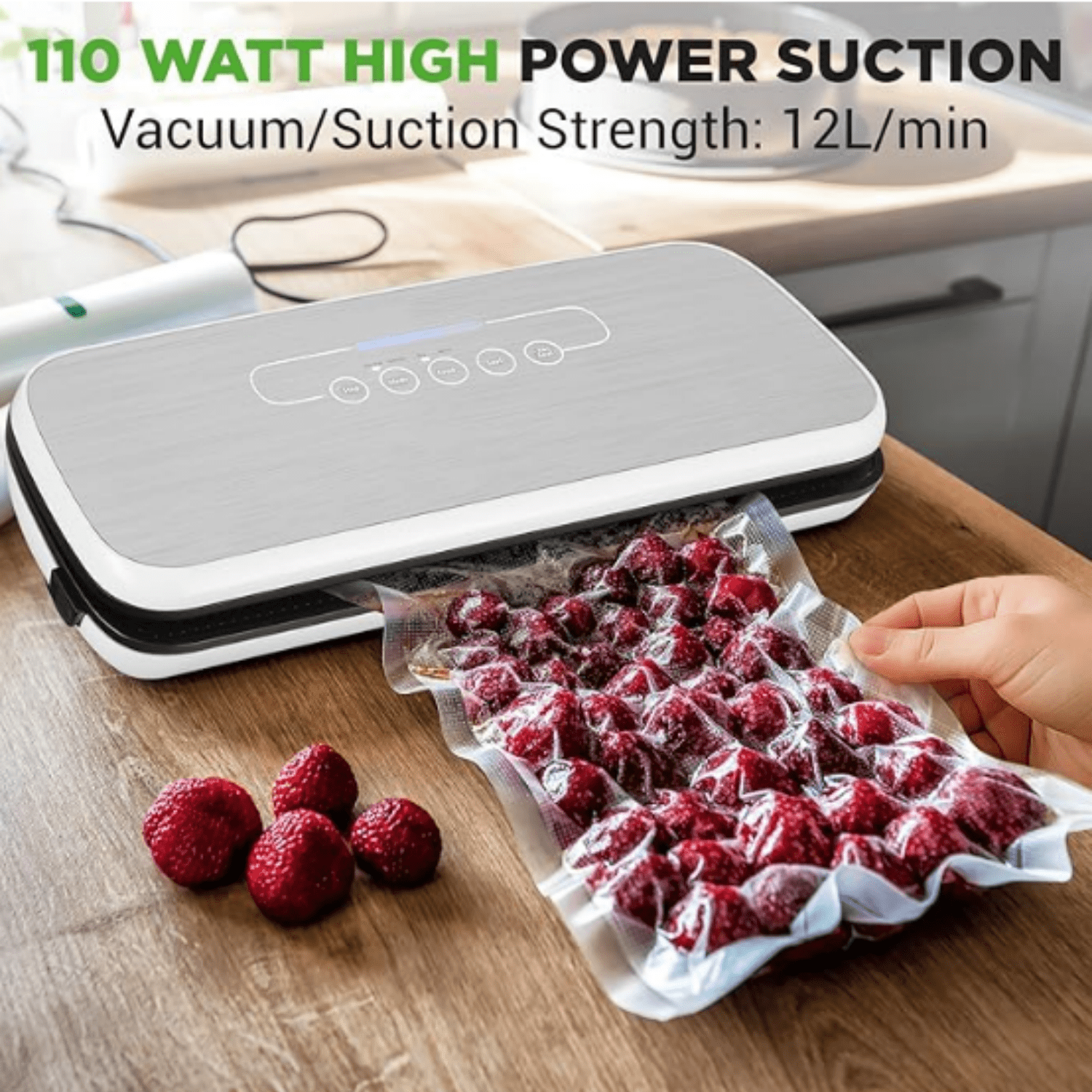Food Vacuum Sealer Machine - Automatic Air Sealing System for Dry & Moist Foods, LED Touch Controls, Includes Vacuum Bags, Hose & Wine Stopper, High Suction Power, 14"x6"x3", Silver