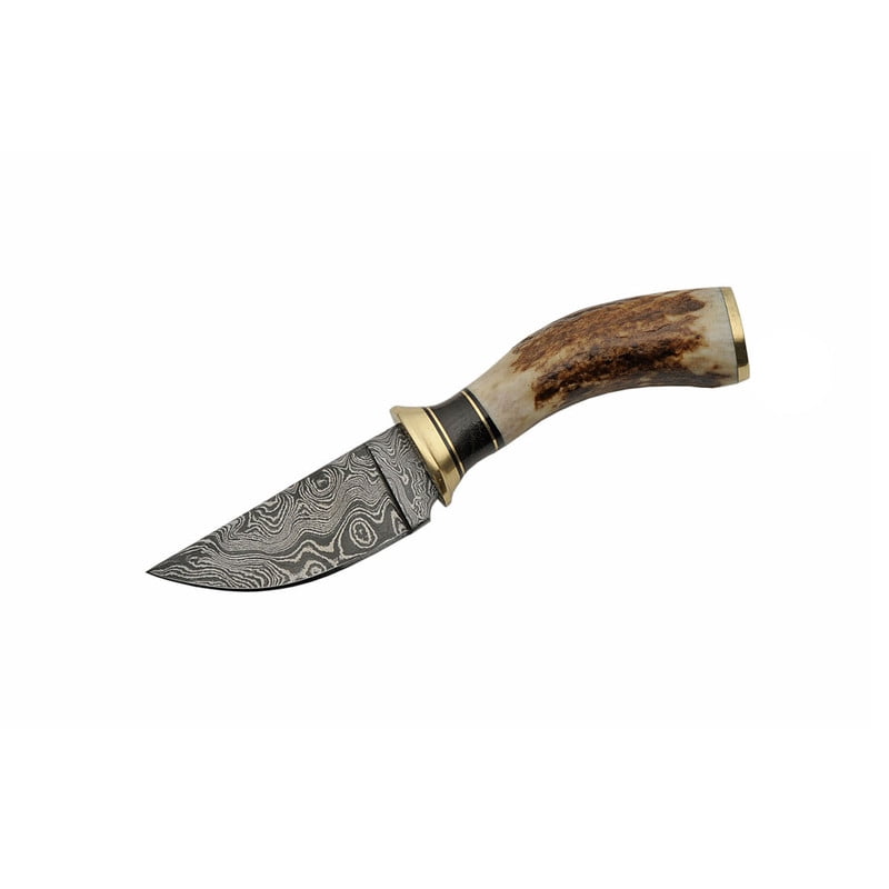 SANZ 7.25 Inch Fixed Blade Skinner Hunting Knife 3.25 Inch Damascus Steel Blade Stag Handle Brass Guard with Leather Sheath Outdoor Utility Knife