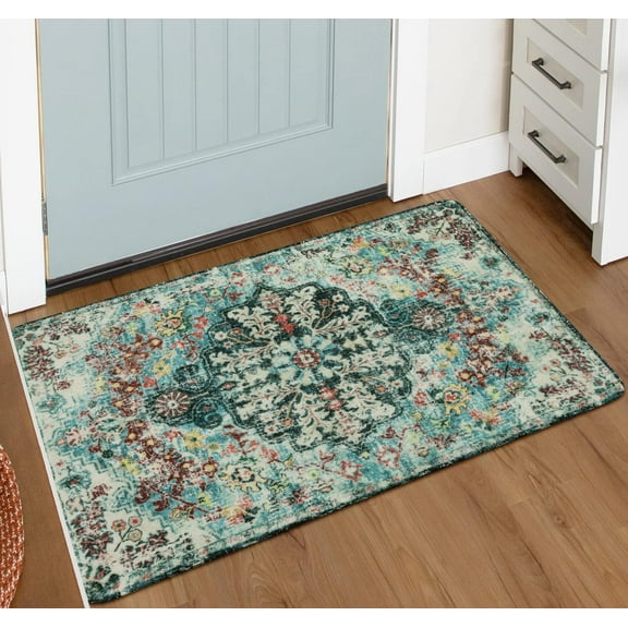 Bohemian Floral Medallion Area Rug - 2x3 Beige Small Bathroom Rug Soft Bedroom Mat, Transitional Non Slip Machine Washable Indoor Throw Floor Carpet for Kitchen Sink Doorway Foyer