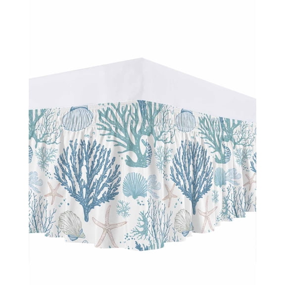 Summer Marine Life Bed Skirt Queen Size 18" Drop Ocean Coral Shell Simple Lines Art Ruffled Wrap Around Bed Skirts Adjustable Elastic Bedskirt Dust Ruffle for Queen Size Bed