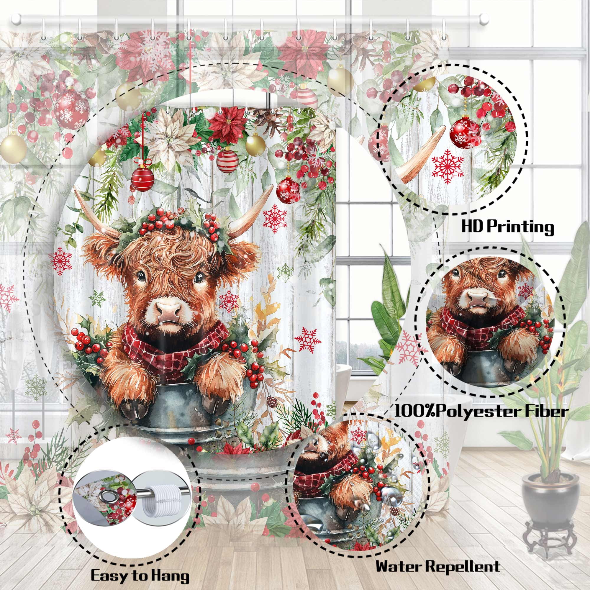 Christmas Highland Cow Shower Curtain, Winter Farmhouse Eucalyptus Leaves Floral Funny Animals Cute Cow Bath Curtain, Western Rustic Cute Wood Home Fabric Shower Curtain Sets with Hooks, 72X72in