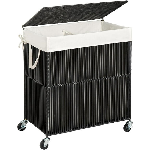Laundry Hamper with Wheels, Handwoven Rolling Laundry Basket with Lid, Clothes Hamper with Divided Removable Liner Bag, 115L Large Capacity Laundry Sorter Laundry Room Organization, Black