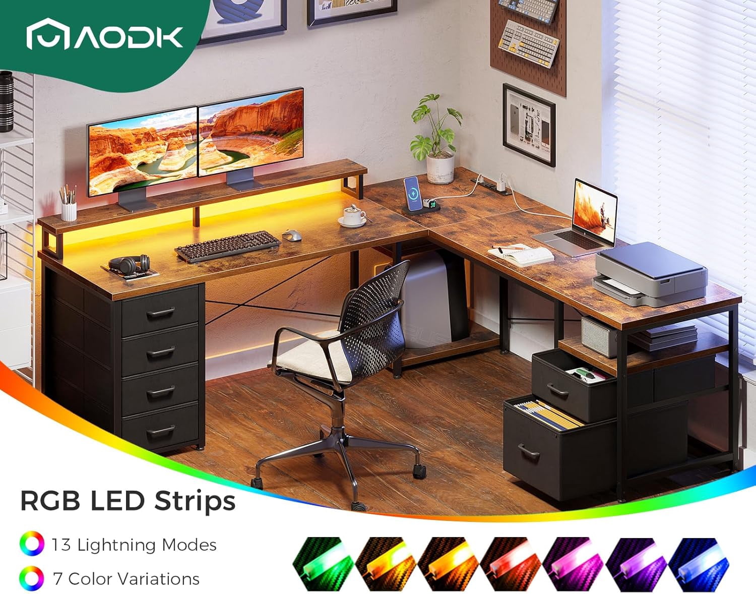 AODK 66" L Shaped Computer Desk, 113“ Reversible Home Office Desk with File Cabinet & 4 Fabric Drawers, Two Person Desk with LED Lights & Power Outlet, Corner Gaming Desk with Monitor Shelf, Vintage